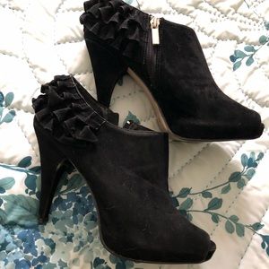 Black ruffle peep toe bootie